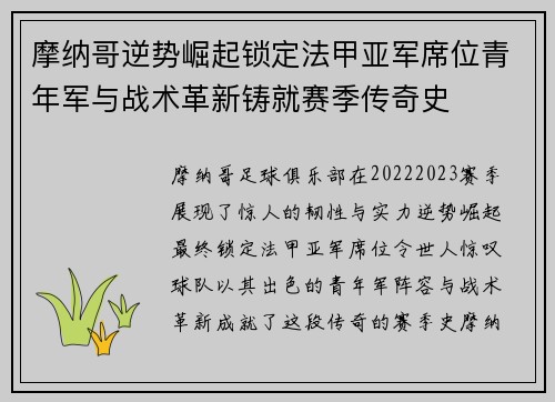 摩纳哥逆势崛起锁定法甲亚军席位青年军与战术革新铸就赛季传奇史 摩纳哥逆势崛起锁定法甲亚军席位青年军与战术革新铸就赛季传奇史