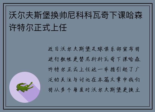 沃尔夫斯堡换帅尼科科瓦奇下课哈森许特尔正式上任 沃尔夫斯堡换帅尼科科瓦奇下课哈森许特尔正式上任