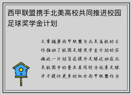 西甲联盟携手北美高校共同推进校园足球奖学金计划 西甲联盟携手北美高校共同推进校园足球奖学金计划