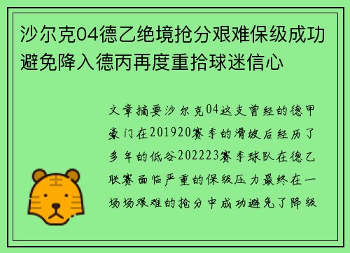 沙尔克04德乙绝境抢分艰难保级成功避免降入德丙再度重拾球迷信心
